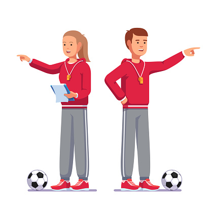Standing pointing finger soccer coach man and woman talking instructing football team, holding paperclip notes. Football game coach in sports uniform. Flat style vector clipart