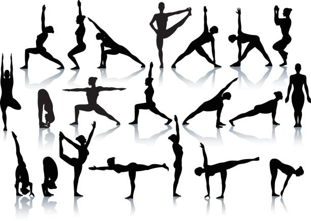 Standing yoga position silhouettes A series of silhouetted standing yoga poses. yoga silhouettes stock illustrations