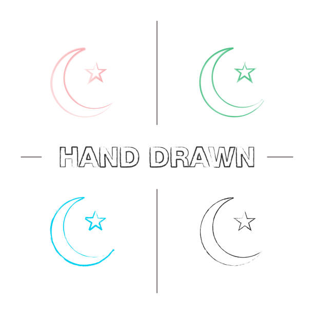 illustrazioni stock, clip art, cartoni animati e icone di tendenza di set di icone disegnate a mano con stella e luna crescente - salah