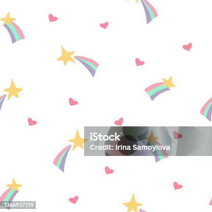 istock star, rainbow, heart seamless pattern hand drawn. vector. wallpaper, wrapping paper, textile, background. fairy tale, nursery, pastel, cute. 1366927219