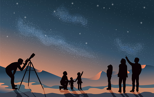 Stargazing looking at dark night sky stars. A group of people family and friends with man woman and children with telescope in silhouette. Looking at milky way astronomy concept vector grouped and layered with copy space