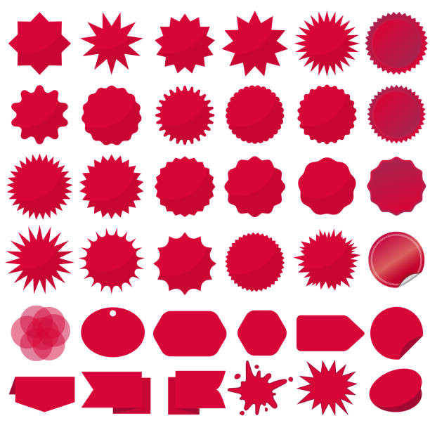 Starburst seals set, Bursting rays clip art. Red sparkles. Sale sticker. Vector vector art illustration