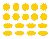 Starburst yellow sticker set - collection of special offer sale round and oval sunburst labels and buttons isolated on white background. Stickers and badges with star edges for promo advertising.