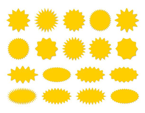 Starburst sticker set - collection of special offer sale round and oval sunburst labels and buttons. Starburst yellow sticker set - collection of special offer sale round and oval sunburst labels and buttons isolated on white background. Stickers and badges with star edges for promo advertising. exploding stock illustrations