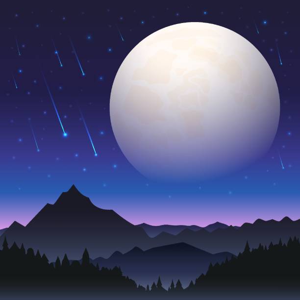 ilustrações de stock, clip art, desenhos animados e ícones de starfall at night against the background of mountains and hills - supermoon