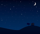 Background scene with a starry sky and cozy home on a hill.