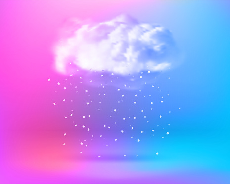 Stars fallind down from the cloud on holographic interior. 3d Vector illustration