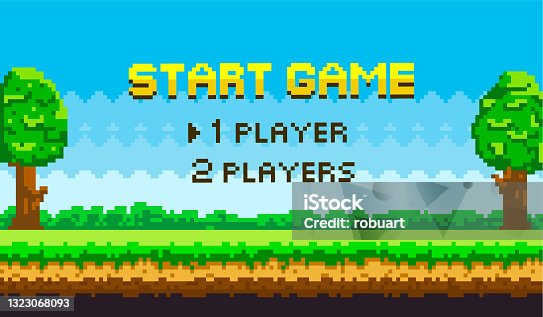 istock Start for players pixel game background, natural landscape with blue sky, trees and green grass 1323068093