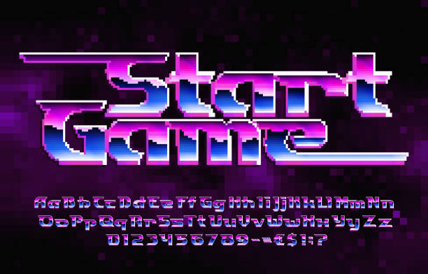 Start Game alphabet font. Pixel letters, numbers and punctuations. Pixel background. vector art illustration