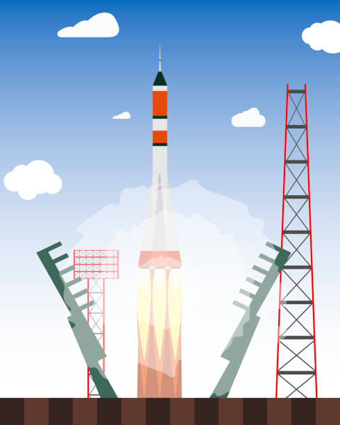 Start rocket from the spaceport. Launch raekty in space. Vector illustration Start rocket from the spaceport. Launch raekty in space. Vector soyuz space mission stock illustrations