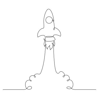 Start up a Rocket ship in one Line drawing style. Launching a spaceship into open space. Concept of a launch of a new business project. Editable stroke. Line art vector illustration.