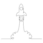 istock Start up a Rocket ship in one Line drawing style. Launching a spaceship into open space. Concept of a launch of a new business project. Editable stroke. Line art vector illustration 1314077431