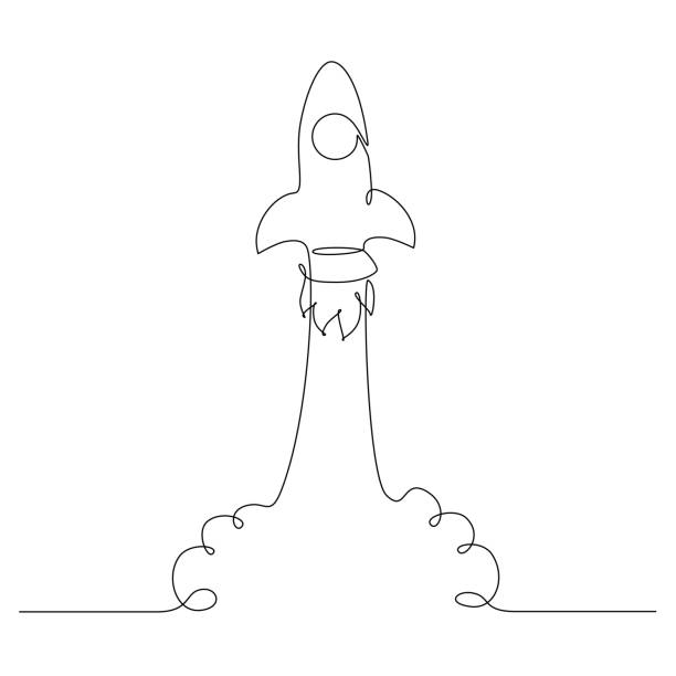 Start up a Rocket ship in one Line drawing style. Launching a spaceship into open space. Concept of a launch of a new business project. Editable stroke. Line art vector illustration Start up a Rocket ship in one Line drawing style. Launching a spaceship into open space. Concept of a launch of a new business project. Editable stroke. Line art vector illustration. rocketship clipart stock illustrations