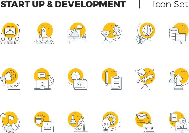 Start up and Development  Vector Icon Set Start up and Development business concept vector icon set entrepreneur symbols stock illustrations