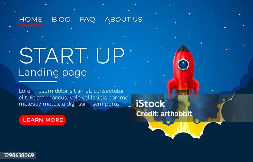 istock Start up idea Landing page screen, development technology, rocket banner. Vector 1298638069