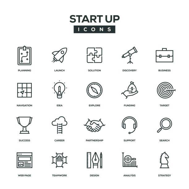 illustrations, cliparts, dessins animés et icônes de démarrage de ligne icon set - start up