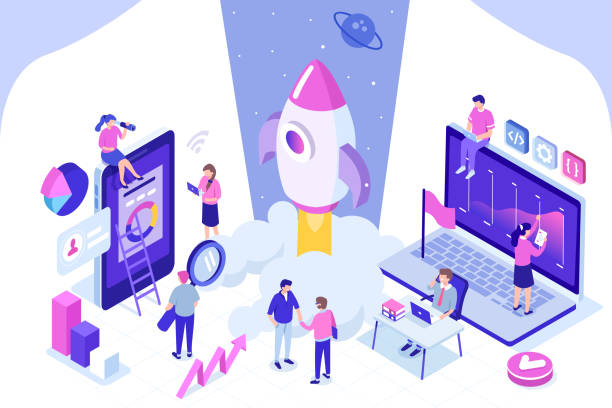 startup banner Startup concept with rocket launch. Can use for web banner, infographics, hero images. Flat isometric vector illustration isolated on white background. new illustrations stock illustrations