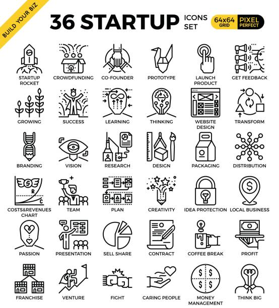 Startup business pixel perfect outline icons Startup business pixel perfect outline icons modern style for website or print illustration entrepreneur icons stock illustrations