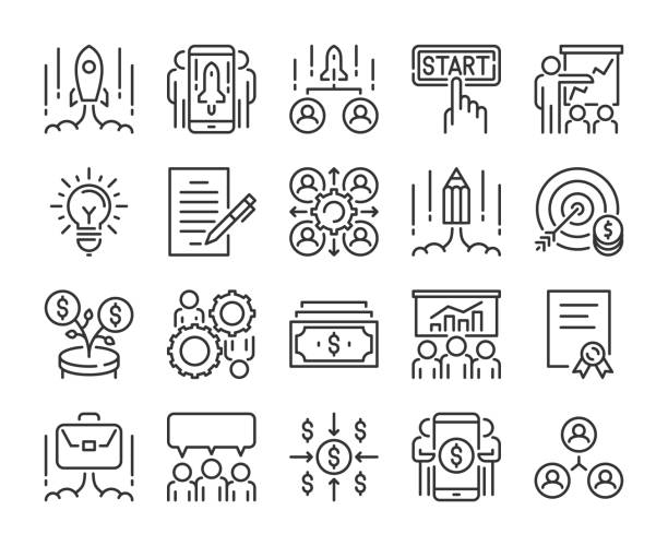 stockillustraties, clipart, cartoons en iconen met opstart pictogram. business start up line icons set. vector illustratie. - launch