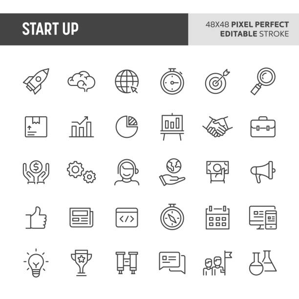 Start-Up Icon Set 30 thin line icons associated with start-up company. Symbols such as rocket, binocular and other start-up related items are included in this set. 48x48 pixel perfect vector icon & editable vector.. rocketship icons stock illustrations