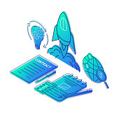 Startup launch isometric vector illustration. Project financing and budgeting linear icons infographic.  Business start and development. Investment 3d concept. Gradient isolated design elements set