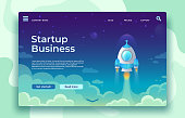 Startup launch landing page. Rocket launch, easy business start and futuristic space travel. Creative mobile app or website strategy idea development vector concept illustration