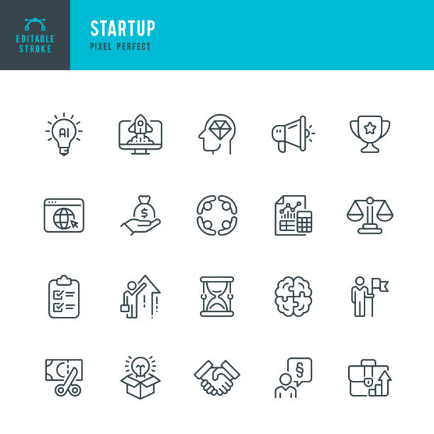 Startup - thin line vector icon set. Pixel perfect. Editable stroke. The set contains icons: Partnership, Lawyer, Budget, Startup, Leadership, Portfolio, Hourglass, Rocket Launch. vector art illustration