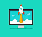 istock Startup vector concept, flat cartoon quick rocket launch and computer or desktop pc, idea of successful business project start up, boost technology, innovation strategy 886620106