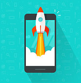 Startup vector concept, flat cartoon rocket or rocketship launch, mobile phone or smartphone, idea of successful business project start up, boost technology, innovation strategy release isolated