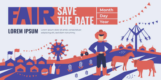 State Fair Illustration Vector detail illustration of State Fair. Event poster with food market, ferris wheel, farm animals, country fair. Design template for invitation, landing page, banner, print, flyer. Save the date. cowboy hat template stock illustrations