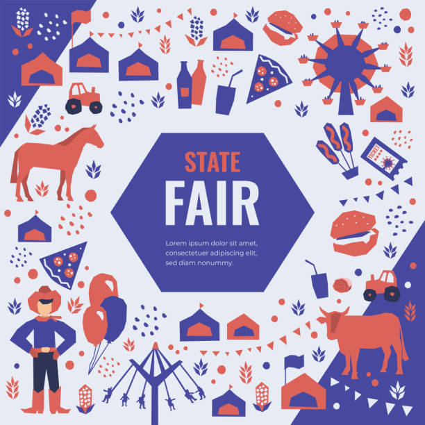 State Fair Illustration Vector detail illustration of State Fair. Event poster with food market, ferris wheel, farm animals, country fair. Design template for banner, brochure, invitation, landing page, print, flyer, advert. farmers market stock illustrations