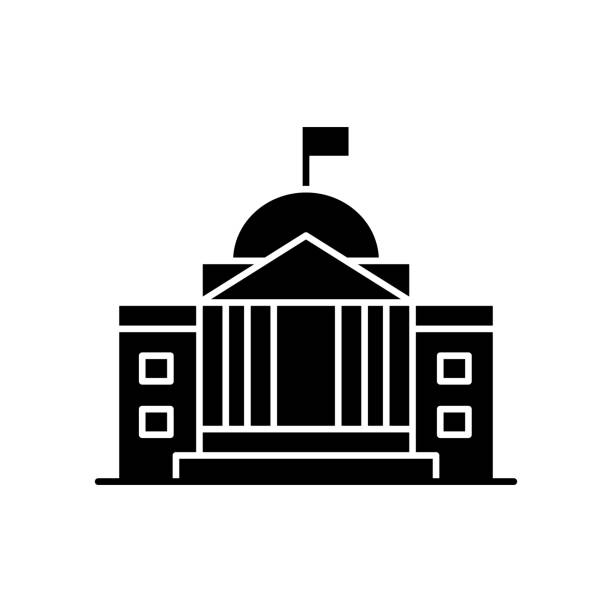 State institution black glyph icon State institution black glyph icon. Supreme court building entrance. National museum exterior. Urban bank. Embassy facade. Silhouette symbol on white space. Vector isolated illustration supreme court building stock illustrations