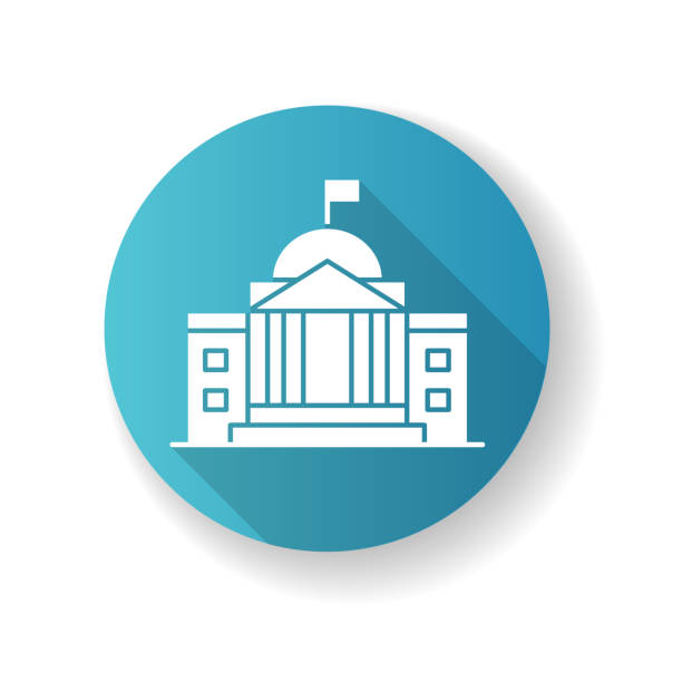 State institution blue flat design long shadow glyph icon State institution blue flat design long shadow glyph icon. Supreme court building entrance. National museum exterior. Outside urban bank. Embassy facade. Silhouette RGB color illustration supreme court building stock illustrations