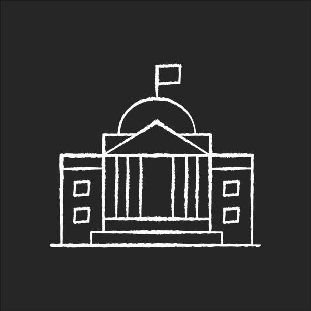 State institution chalk white icon on black background State institution chalk white icon on black background. Supreme court building entrance. National museum exterior. Urban bank. Embassy facade. Isolated vector chalkboard illustration supreme court building stock illustrations