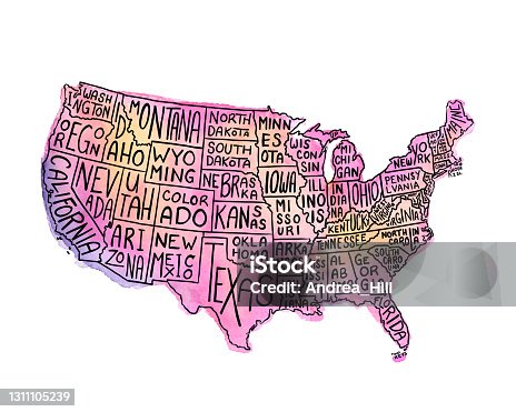 istock USA States Map Watercolor and Ink Illustration With State Names. Vector EPS10 Illustration 1311105239