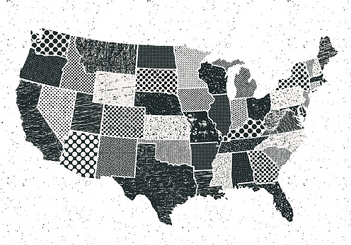 USA states map with random grunge textures - black and white