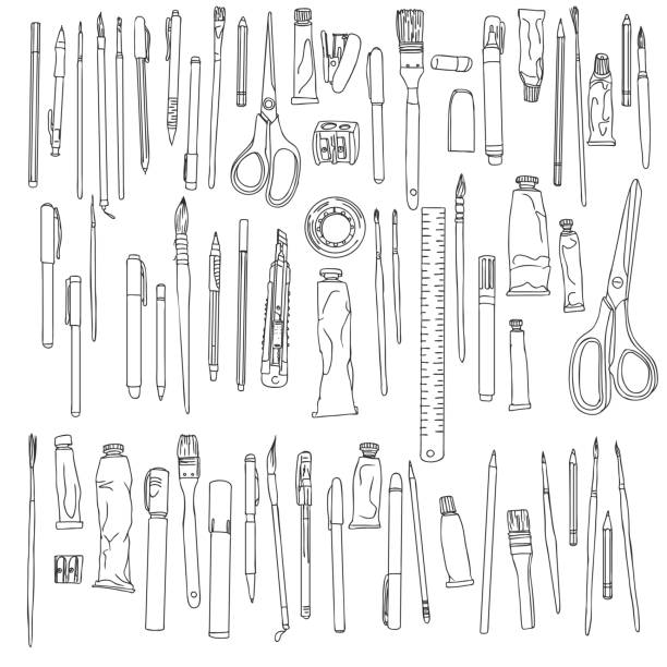 stationery, art materials stationery, art materials, scissors, tape and ruler, pencil sharpener and stapler paper, brushes and tubes of paint, hand drawn vector illustration performance drawings stock illustrations