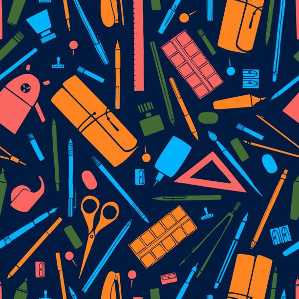 Stationery for school and office. Vector seamless pattern Stationery for school and office. Pens, pencils, paints,scissors, glue.  Vector seamless pattern office patterns stock illustrations