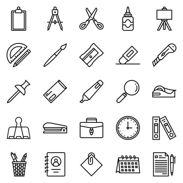 Stationery icon set - vector illustration . office, supply, supplies, pencil, eraser, sharpener, tool, tools, pen, clip, cutter, marker, thin line icons . this icon use for website presentation apps whiteboard marker stock illustrations