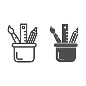 istock Stationery line and glyph icon. Drawing tools in cup vector illustration isolated on white. Pencil, brush and ruler outline style design, designed for web and app. Eps 10. 1209609429