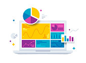 Statistics data and analytics data analysis software laptop with bar graphs, pie charts and data information.