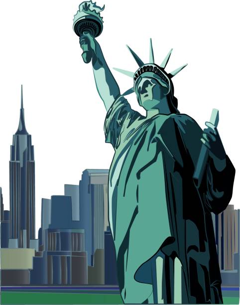 Statue of Liberty and skyline, vector Statue of Liberty vector illustration. With New York City skyline on the background. cartoon of a statue of liberty free stock illustrations