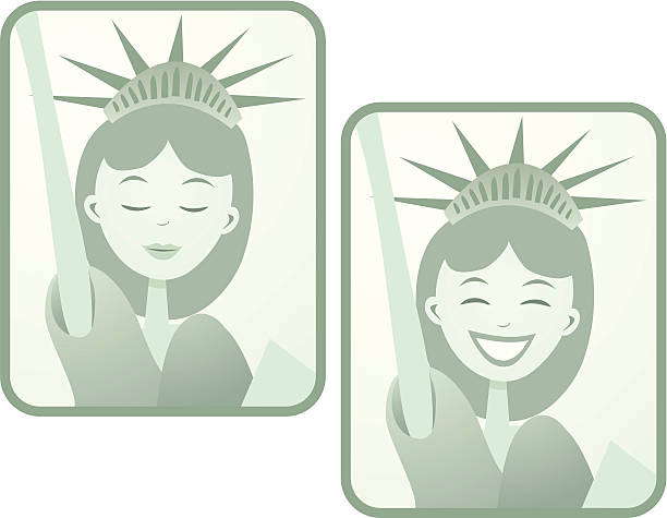 Statue of Liberty Cartoon in a Retro Style A lighthearted illustration of the Statue of Liberty. Contains a cheerful, smiling version and a more traditional serene version. cartoon of a statue of liberty free stock illustrations