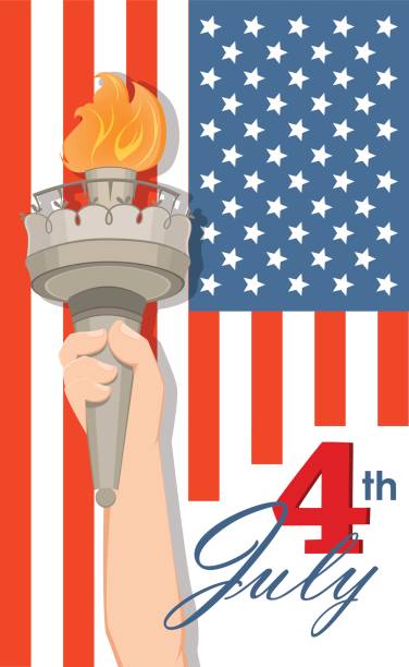 Statue of Liberty hand with torch and flag on background. July 4th. Independence Day. Vector patriotic greeting card for USA holidays. Statue of Liberty hand with torch and flag on background. July 4th. Independence Day. Vector patriotic greeting card for USA holidays. cartoon of a statue of liberty free stock illustrations