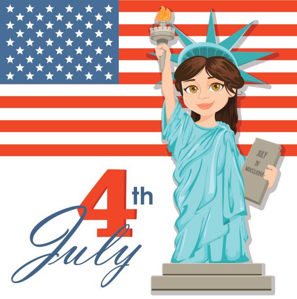 Statue of Liberty. July 4th. Independence Day. Cute cartoon stylized character with USA flag on background. Vector patriotic illustration for USA holidays. Statue of Liberty. July 4th. Independence Day. Cute cartoon stylized character with USA flag on background. Vector patriotic illustration for USA holidays. cartoon of a statue of liberty free stock illustrations