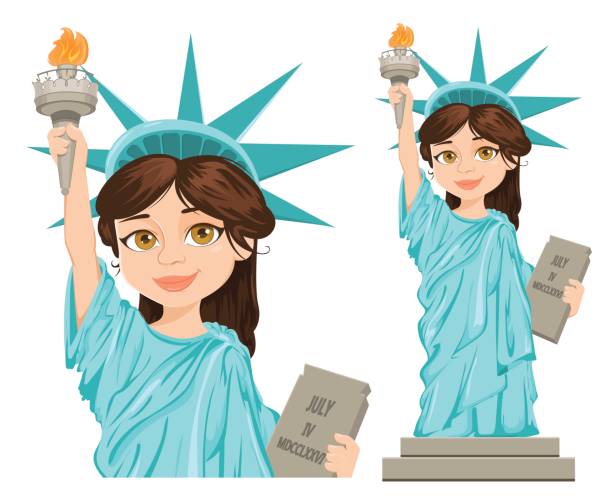 Statue of Liberty. July 4th. Independence Day. Cute cartoon stylized character, full height and close-up. Vector patriotic illustration for USA holidays. Statue of Liberty. July 4th. Independence Day. Cute cartoon stylized character, full height and close-up. Vector patriotic illustration for USA holidays. cartoon of a statue of liberty free stock illustrations