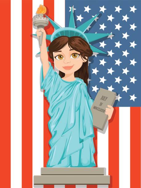 Statue of Liberty. July 4th. Independence Day. Cute cartoon stylized character with USA flag on background. Vector patriotic greeting card for USA holidays. Statue of Liberty. July 4th. Independence Day. Cute cartoon stylized character with USA flag on background. Vector patriotic greeting card for USA holidays. cartoon of a statue of liberty free stock illustrations