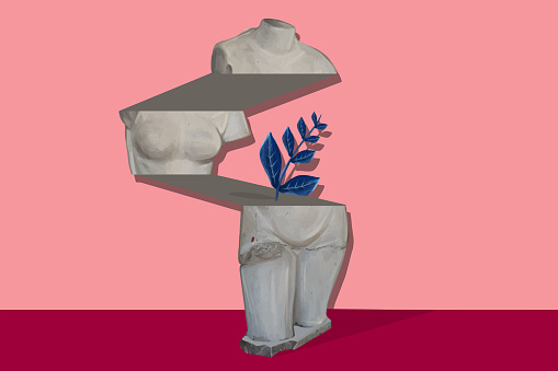 Illustrated modern art concept of a layered statue of Venus with a small plant growing out of it