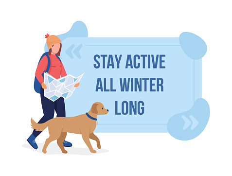 Stay active all winter long vector quote box with flat character