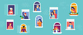 Stay at home, COVID-19 pandemic concept design. House facade with open windows. Different types of people looking out and communicating with their neighbors. Self isolation, quarantine during coronavirus outbreak. Vector flat style illustration